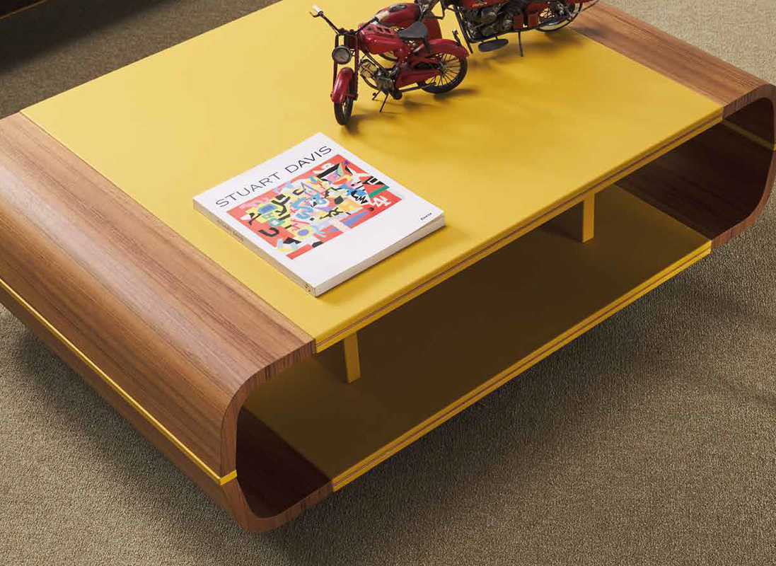 tavolino design salotto, giallo, legno e pelle, Casa Covre